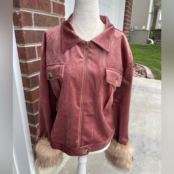 Judith March mauve pink faux suede zip up faux fur cuffs jacket/coat size large - Picture 1 of 8